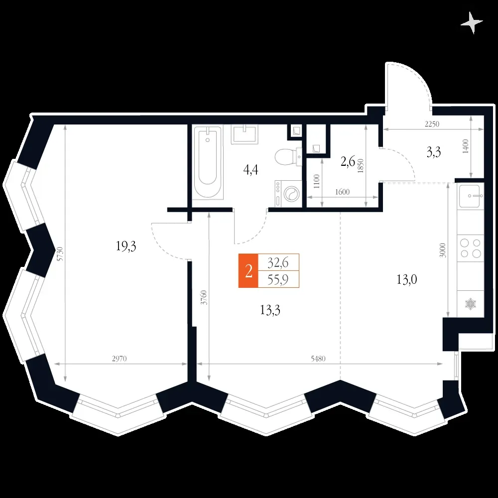 2-комнатная, 55,9 м² — 15 786 795 ₽