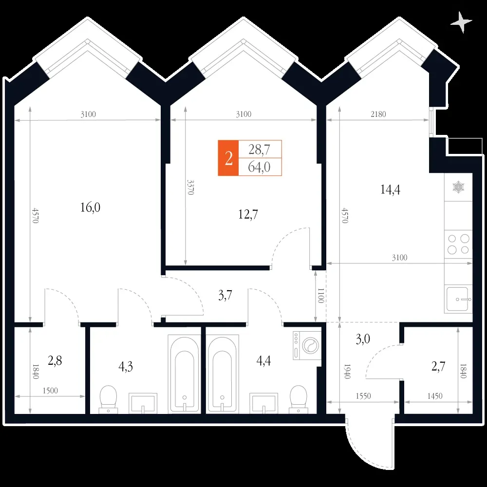 2-комнатная, 64 м² — 16 438 962 ₽