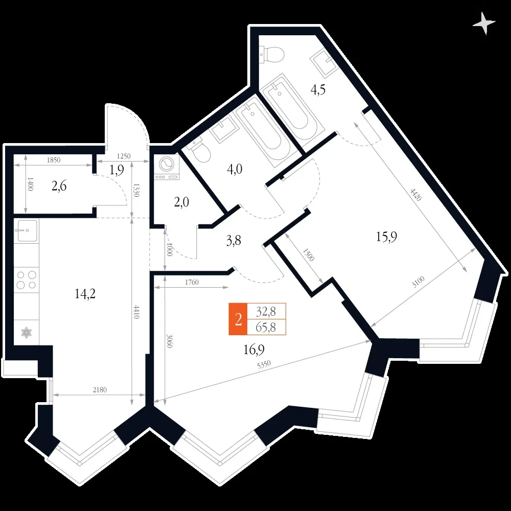 2-комнатная, 65,8 м² — 17 543 242 ₽