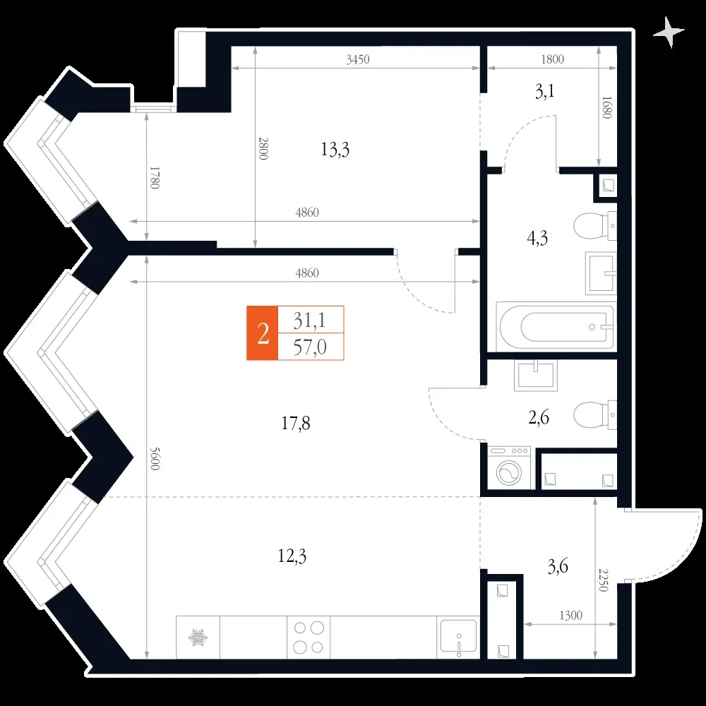 2-комнатная, 57 м² — 15 116 961 ₽
