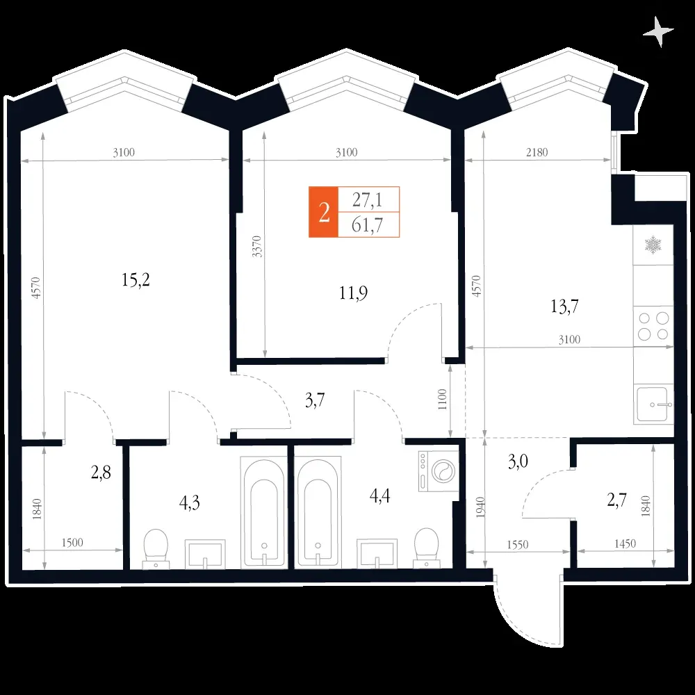 2-комнатная, 61,7 м² — 16 272 683 ₽