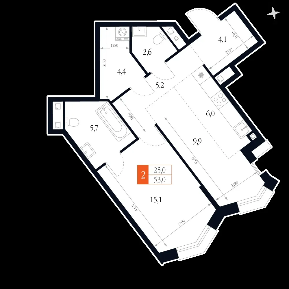 2-комнатная, 53 м² — 15 187 953 ₽