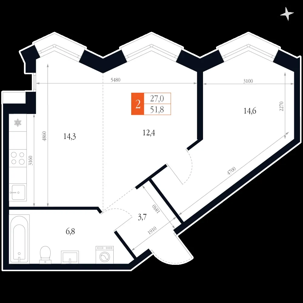 2-комнатная, 51,8 м² — 14 846 913 ₽