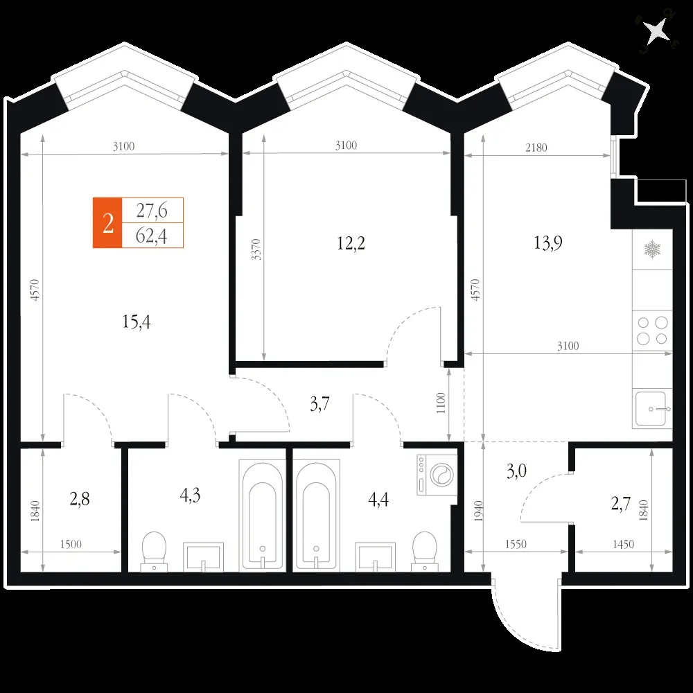 2-комнатная, 62,4 м² — 16 001 156 ₽