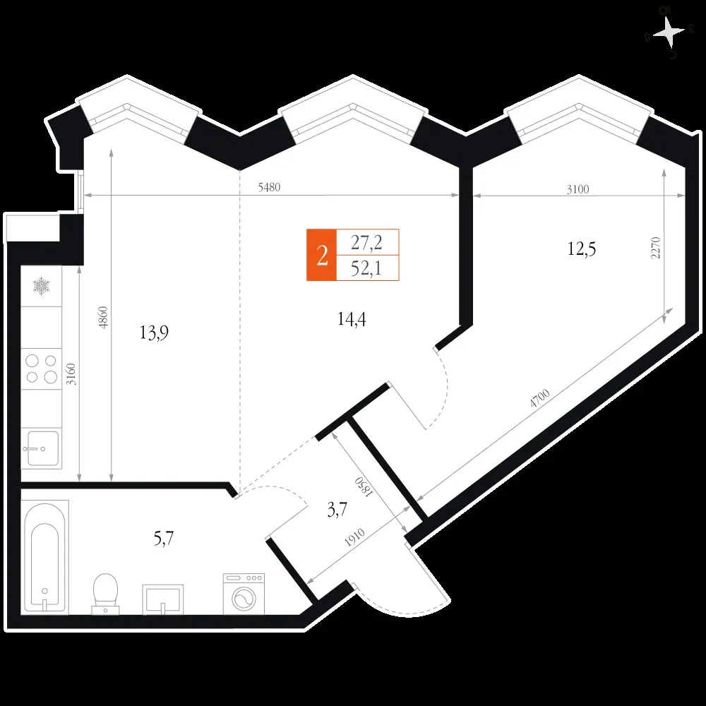 2-комнатная, 52,1 м² — 14 955 302 ₽