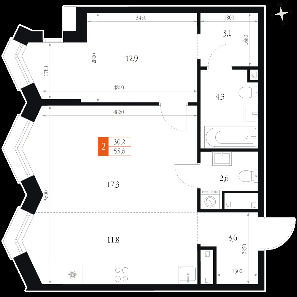 2-комнатная, 55,6 м² — 14 722 315 ₽