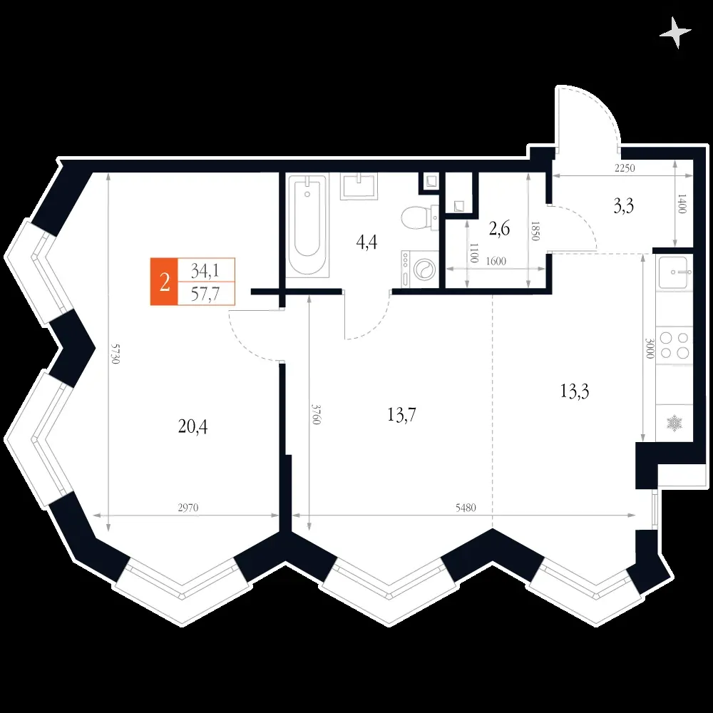 2-комнатная, 57,7 м² — 15 547 662 ₽