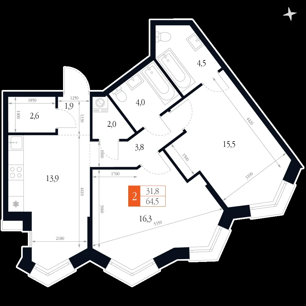 2-комнатная, 64,5 м² — 17 168 908 ₽