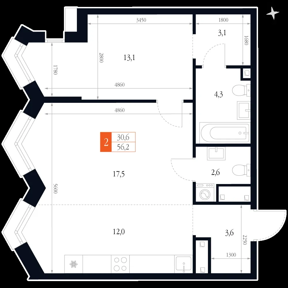 2-комнатная, 56,2 м² — 14 881 189 ₽