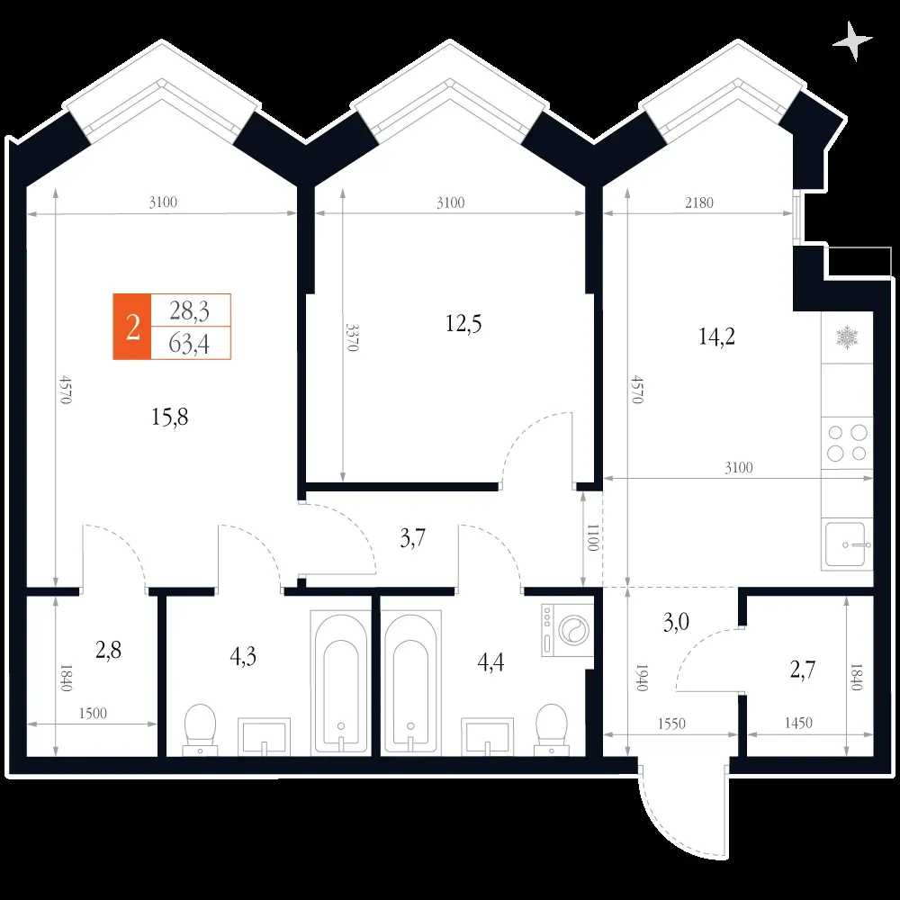 2-комнатная, 63,4 м² — 16 257 584 ₽