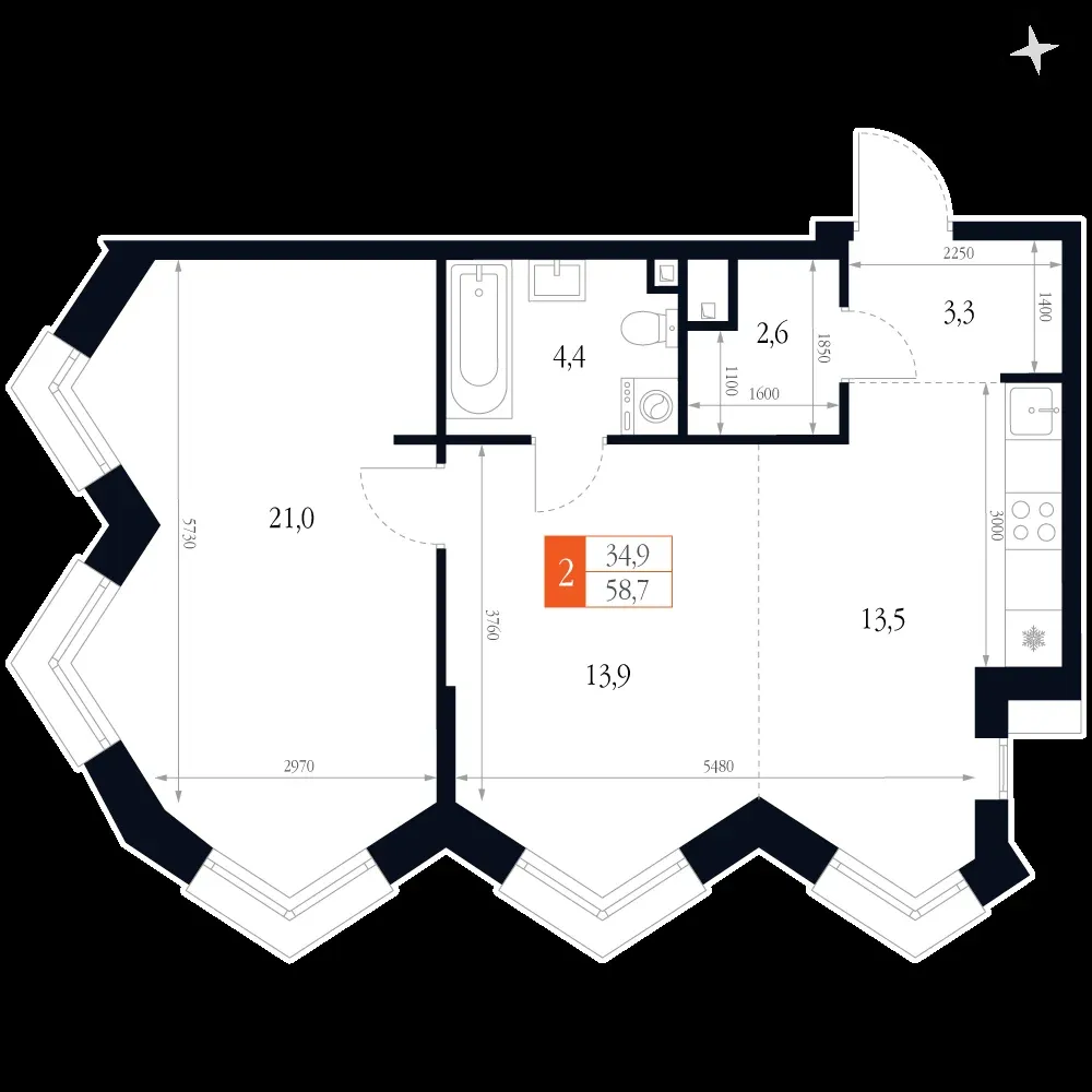 2-комнатная, 58,7 м² — 15 817 119 ₽