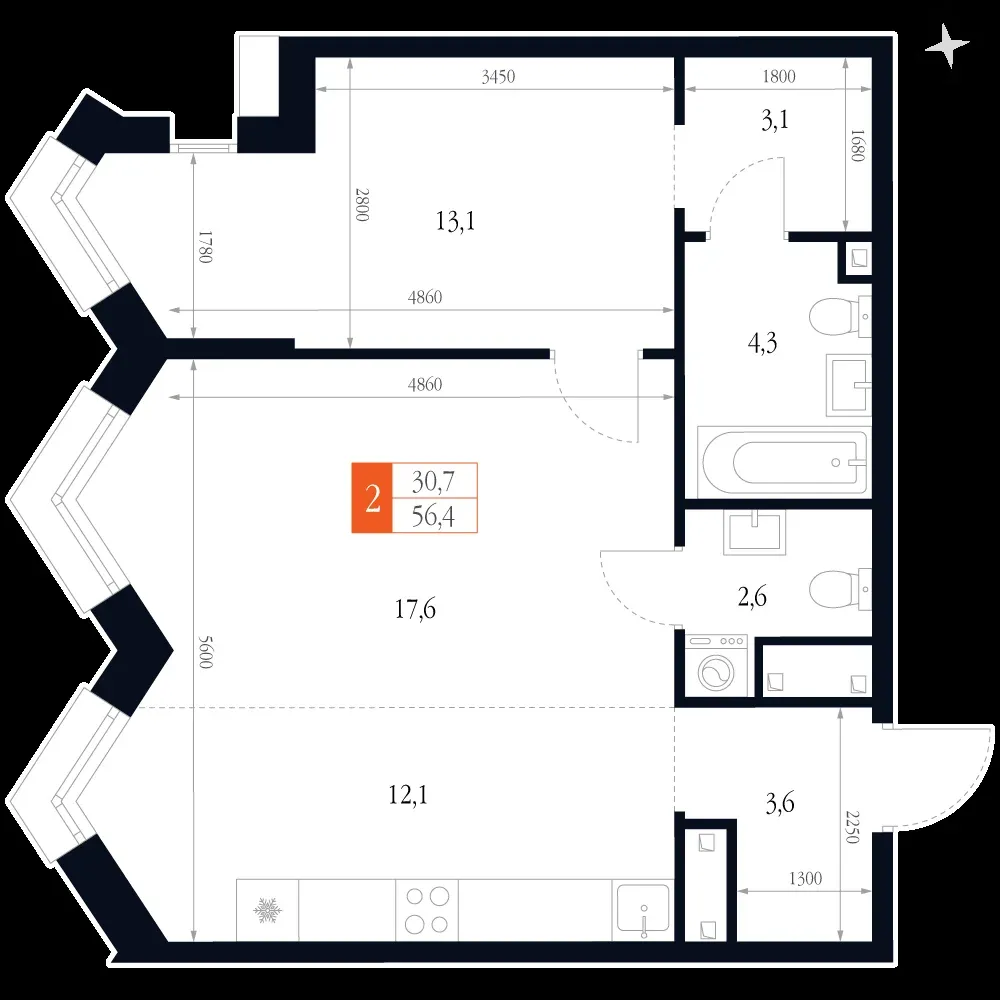 2-комнатная, 56,4 м² — 14 934 147 ₽