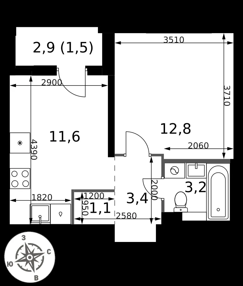 1-комнатная, 33,6 м² — 7 926 374 ₽