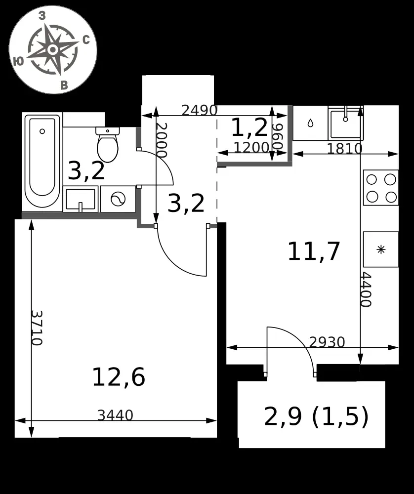 1-комнатная, 33,4 м² — 7 973 148 ₽