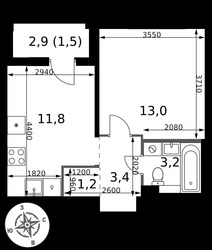 1-комнатная, 34,1 м² — 8 163 404 ₽