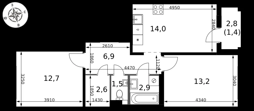 2-комнатная, 55,2 м² — 12 025 982 ₽
