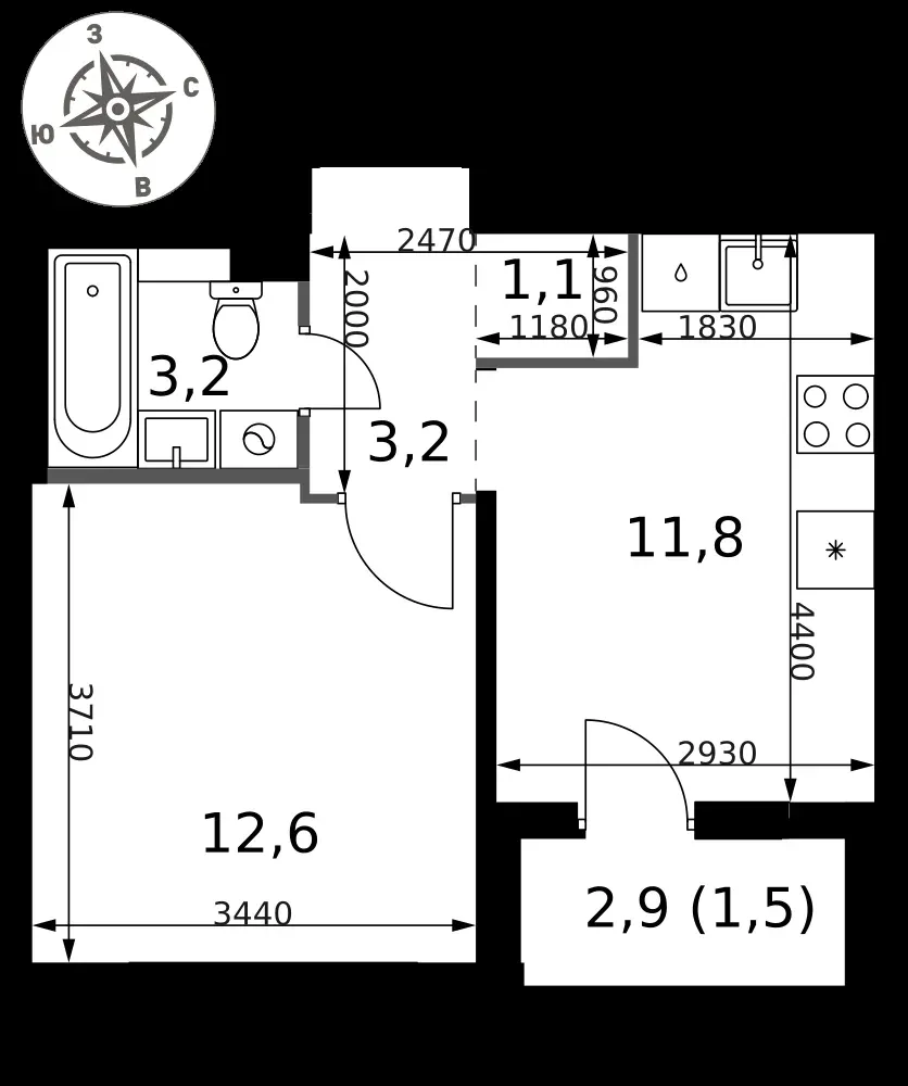 1-комнатная, 33,4 м² — 8 170 776 ₽