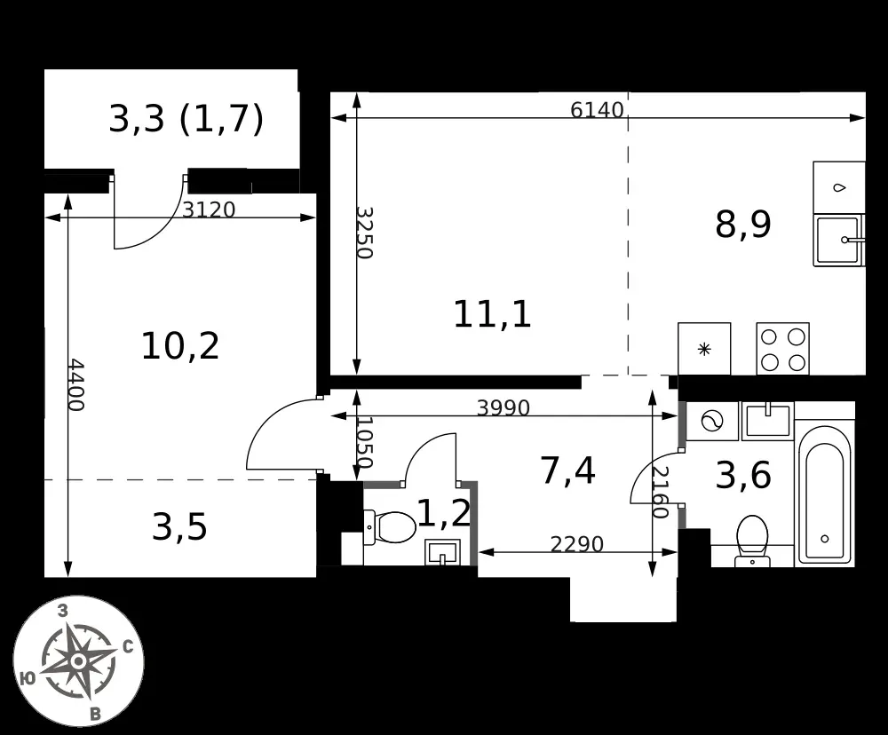 2-комнатная, 47,6 м² — 10 688 818 ₽