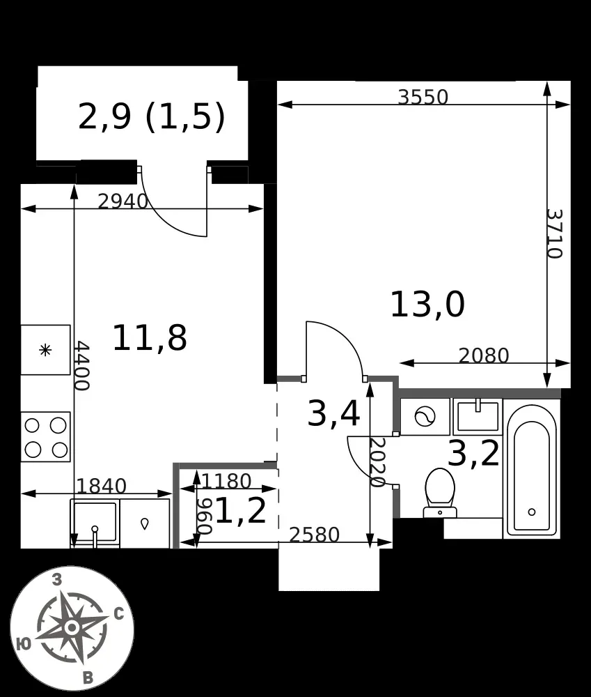 1-комнатная, 34,1 м² — 8 342 019 ₽