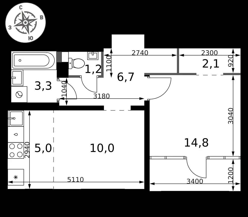 2-комнатная, 43,1 м² — 11 952 077 ₽