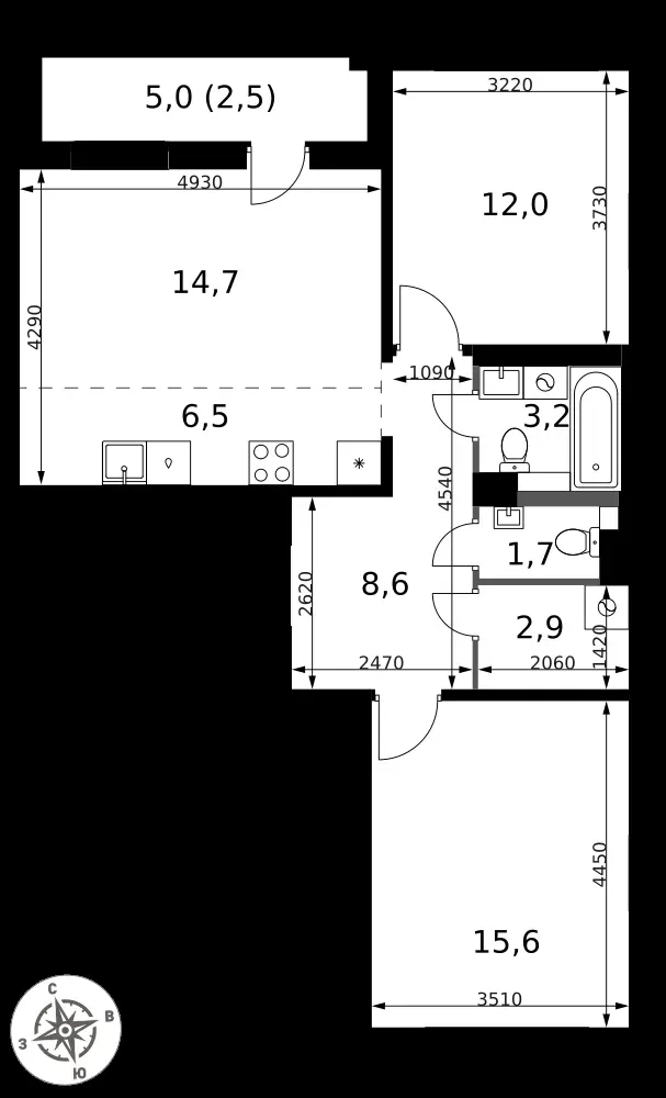 3-комнатная, 67,7 м² — 16 769 700 ₽