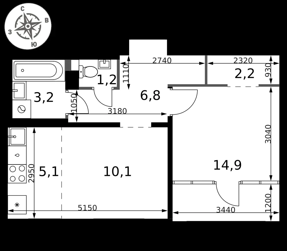 2-комнатная, 43,5 м² — 12 173 328 ₽