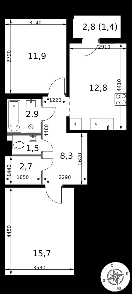 2-комнатная, 57,2 м² — 14 794 634 ₽