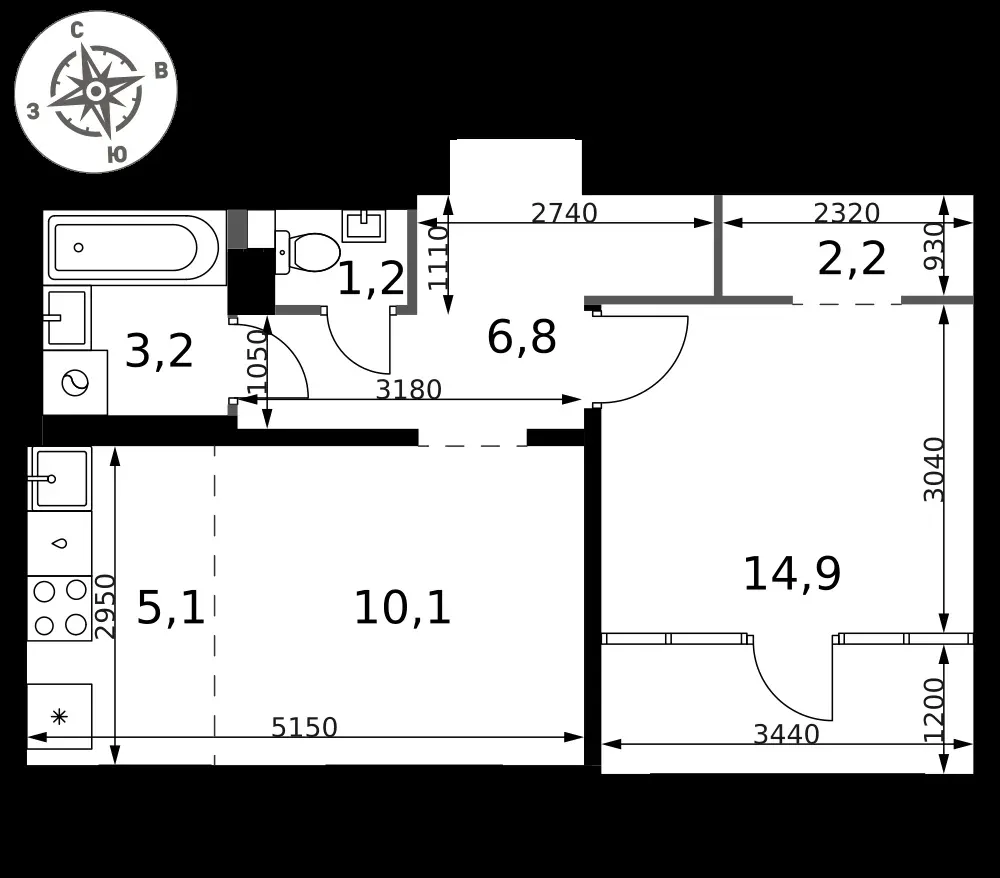 2-комнатная, 43,5 м² — 12 428 064 ₽