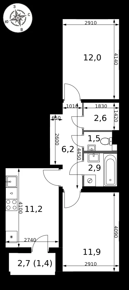 2-комнатная, 49,7 м² — 11 536 414 ₽