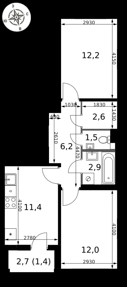 2-комнатная, 50,2 м² — 11 793 687 ₽