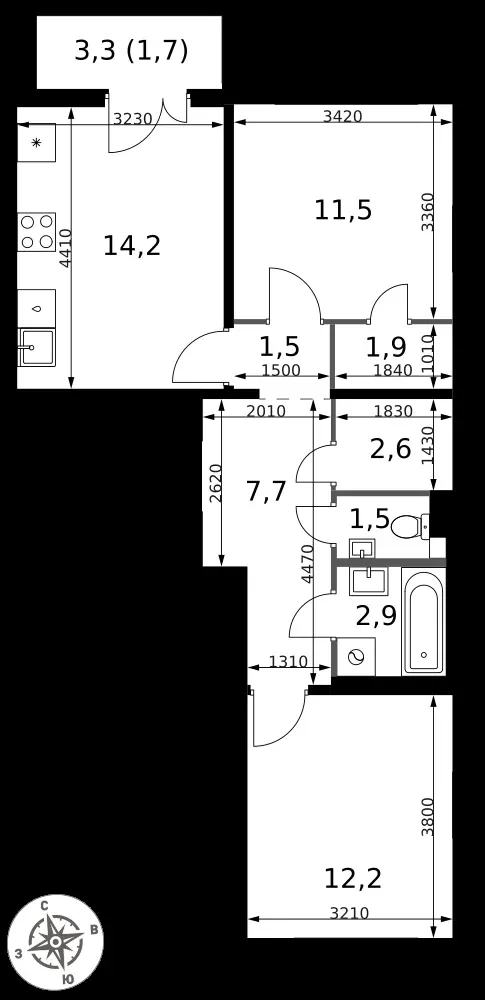 2-комнатная, 57,7 м² — 12 066 916 ₽