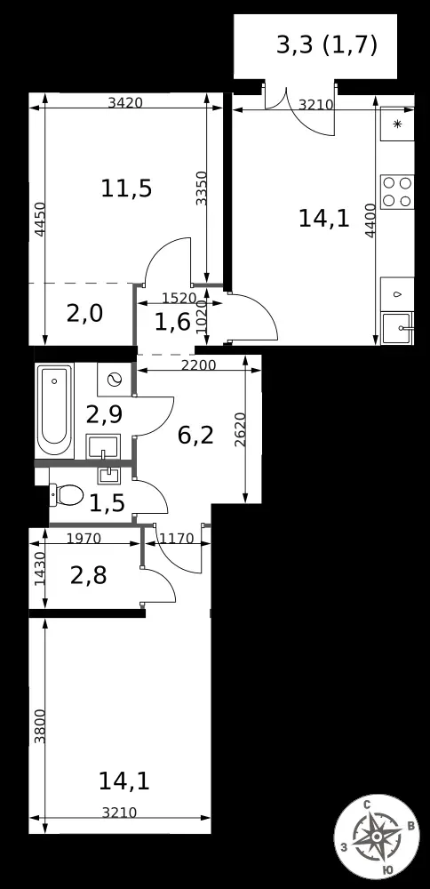 2-комнатная, 58,4 м² — 12 066 024 ₽