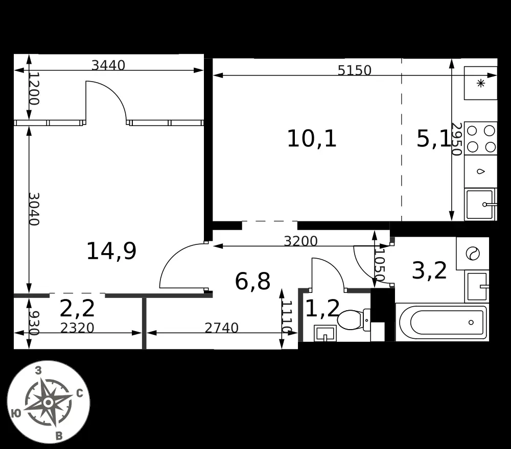 2-комнатная, 43,5 м² — 10 211 190 ₽