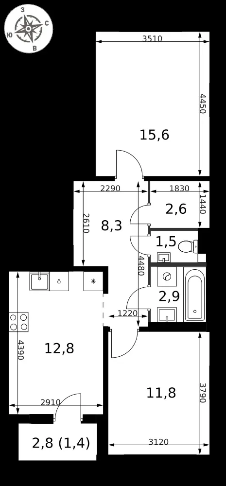 2-комнатная, 56,9 м² — 12 021 035 ₽
