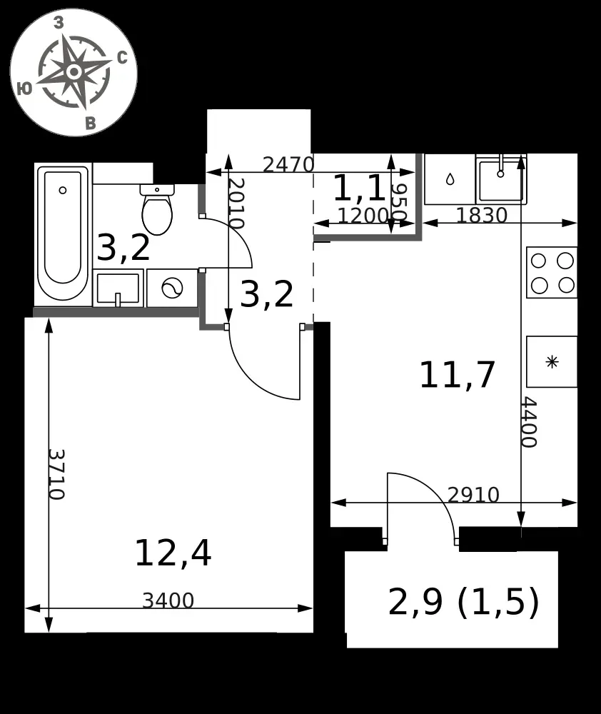 1-комнатная, 33,1 м² — 7 808 422 ₽