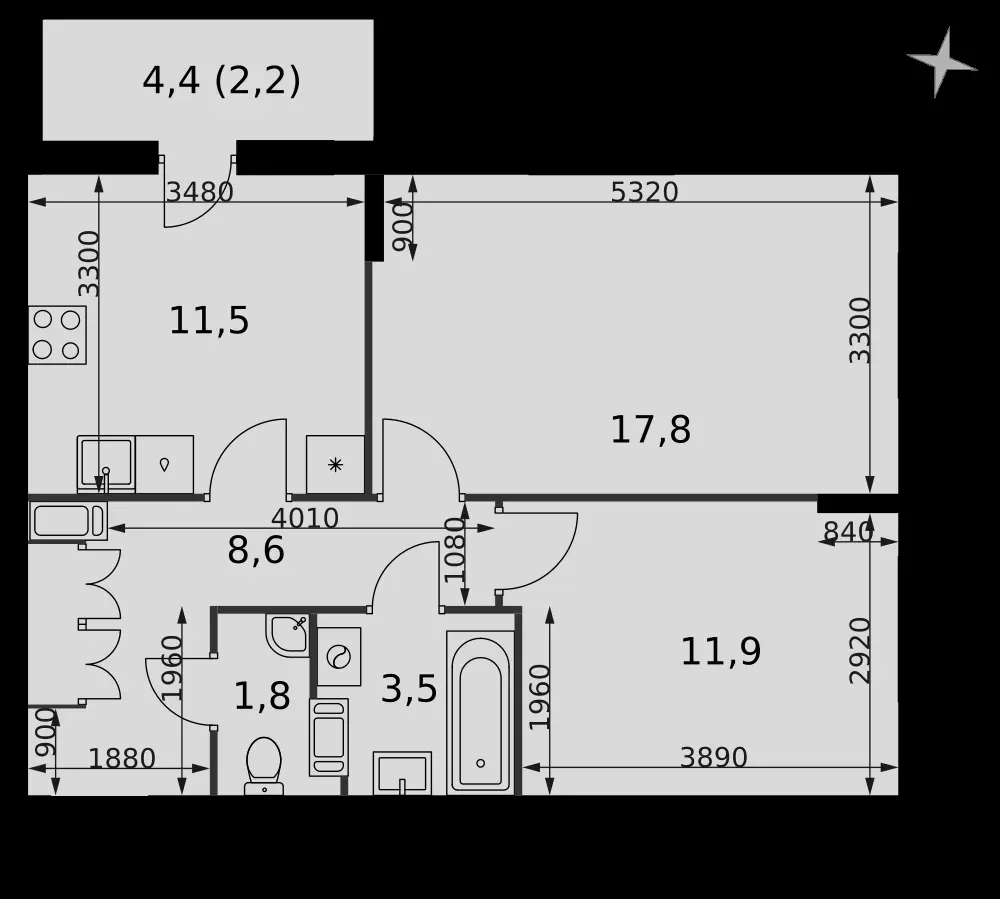 2-комнатная, 57,3 м² — 8 337 150 ₽