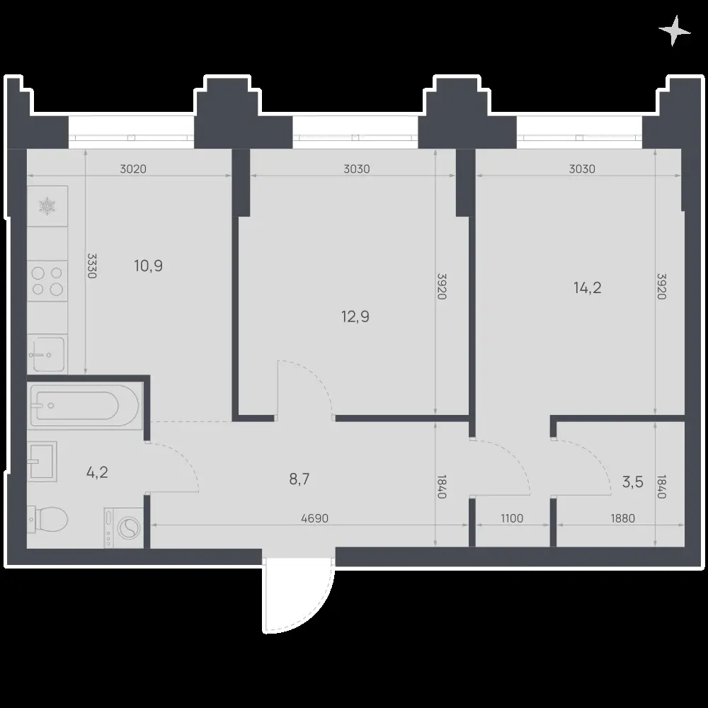 2-комнатная, 54,4 м² — 10 105 785 ₽