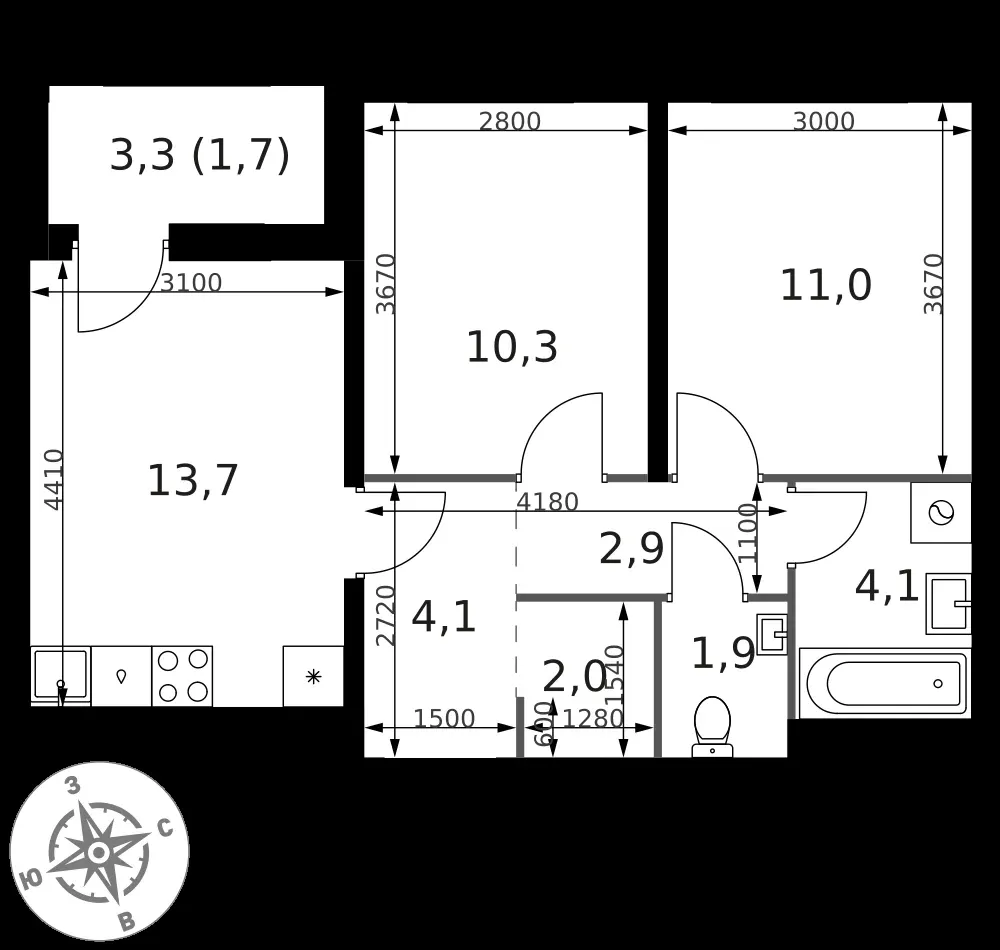 2-комнатная, 51,7 м² — 11 777 260 ₽