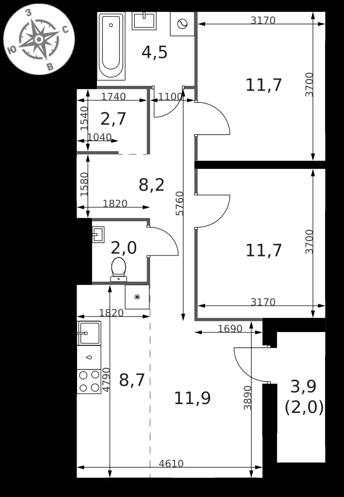 3-комнатная, 63,4 м² — 13 928 980 ₽