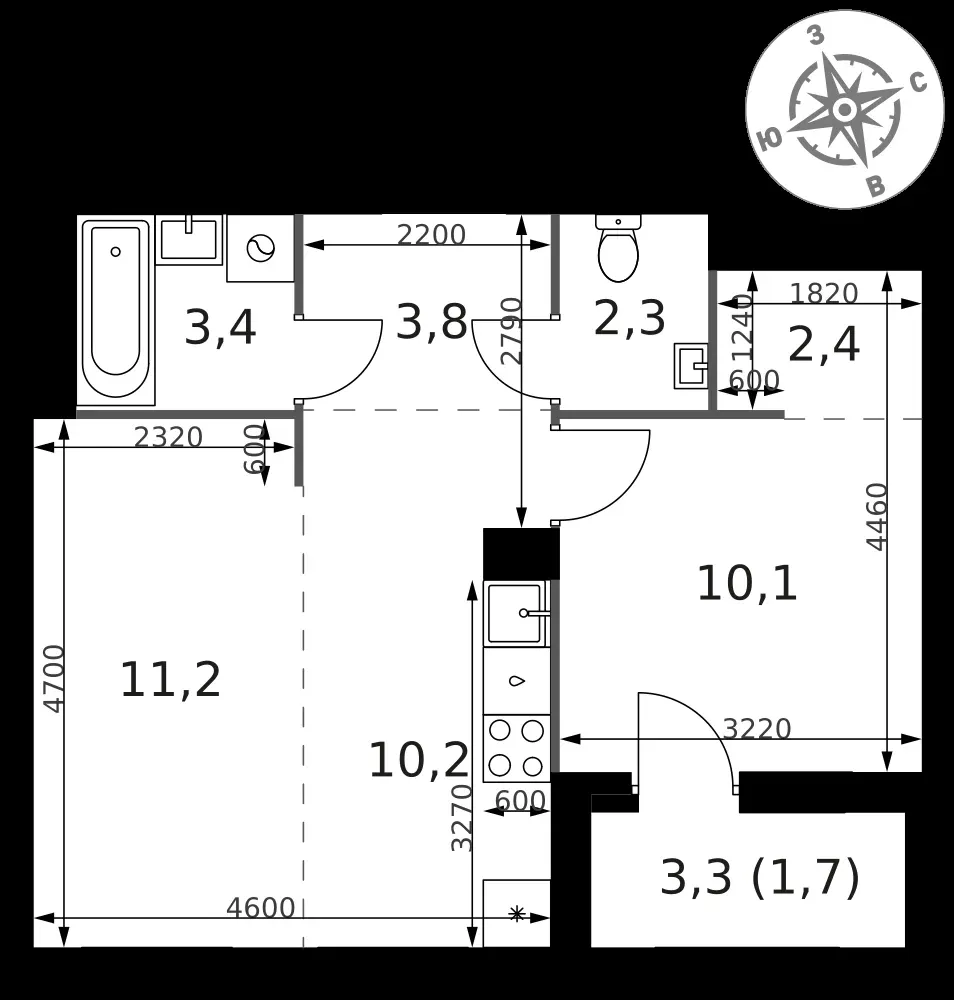 2-комнатная, 45,1 м² — 11 013 420 ₽