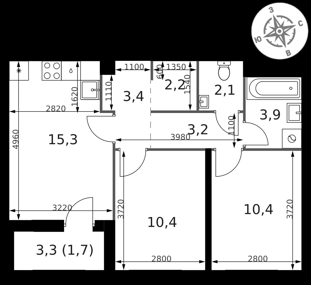 2-комнатная, 52,6 м² — 11 782 400 ₽