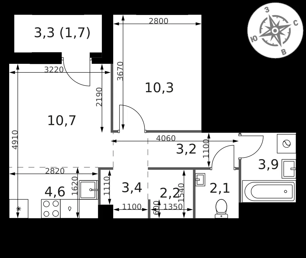 2-комнатная, 42,1 м² — 10 546 050 ₽