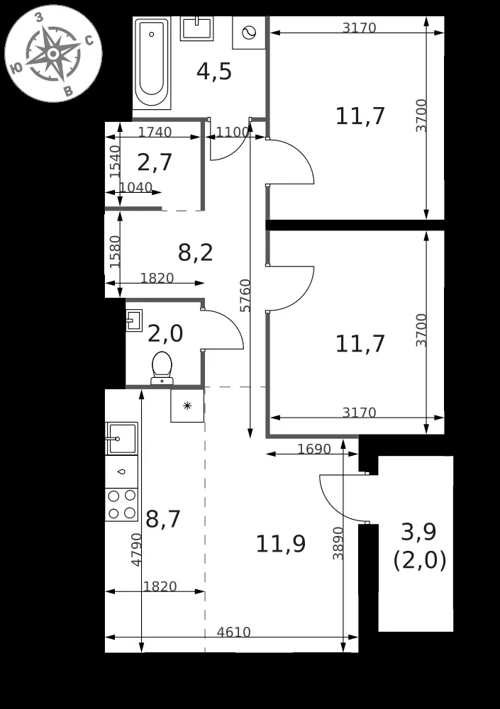 3-комнатная, 63,4 м² — 14 055 780 ₽