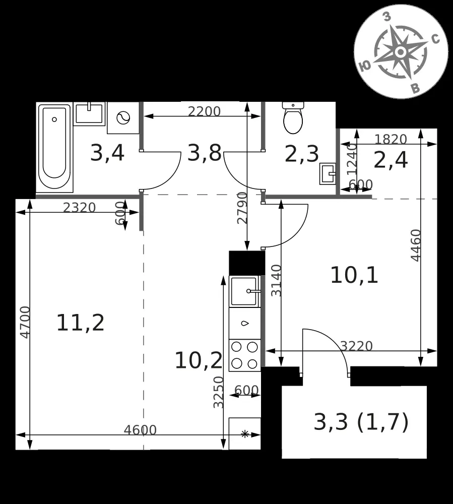 2-комнатная, 45,1 м² — 10 878 120 ₽