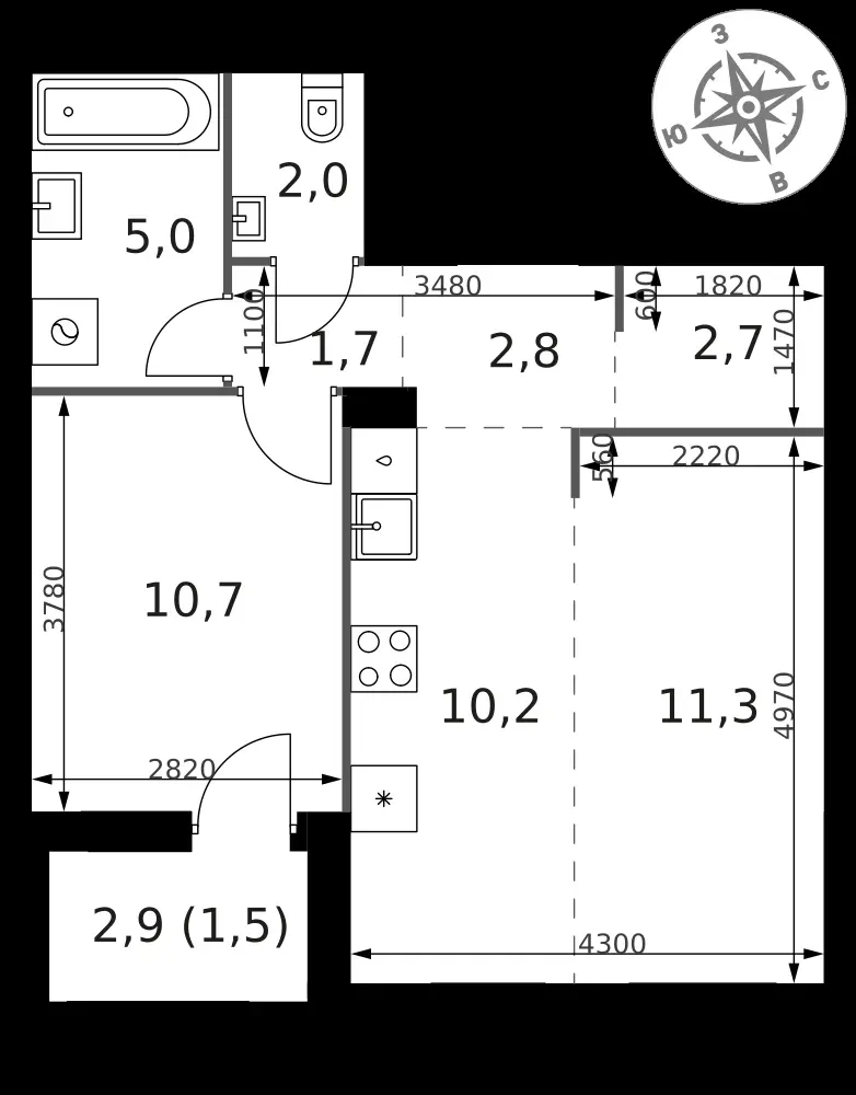 2-комнатная, 47,9 м² — 11 131 960 ₽