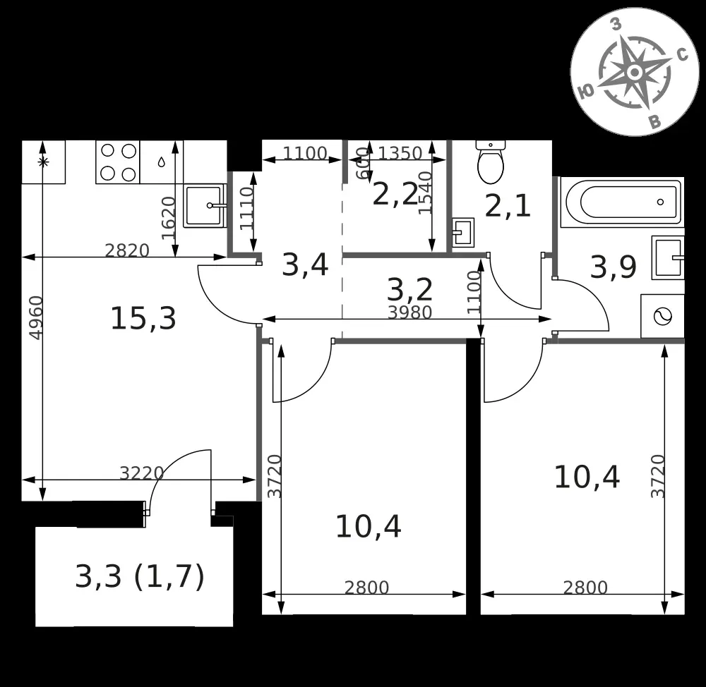 2-комнатная, 52,6 м² — 12 387 300 ₽