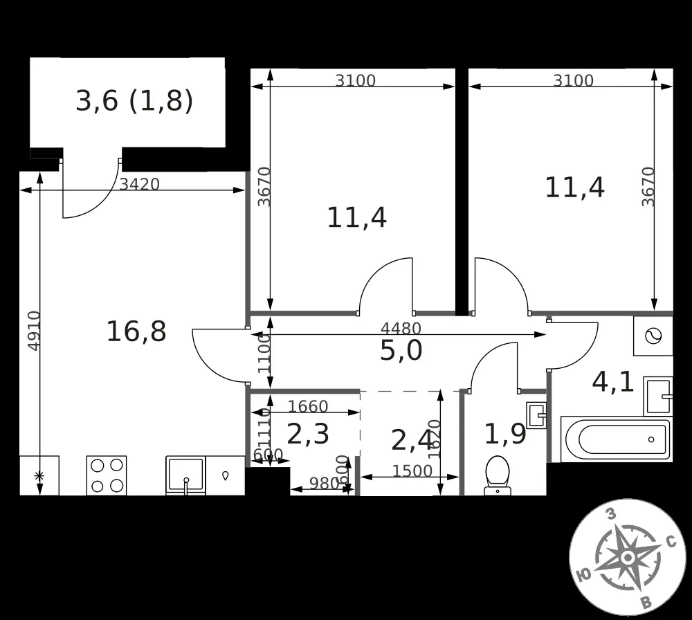 2-комнатная, 57,1 м² — 12 567 710 ₽