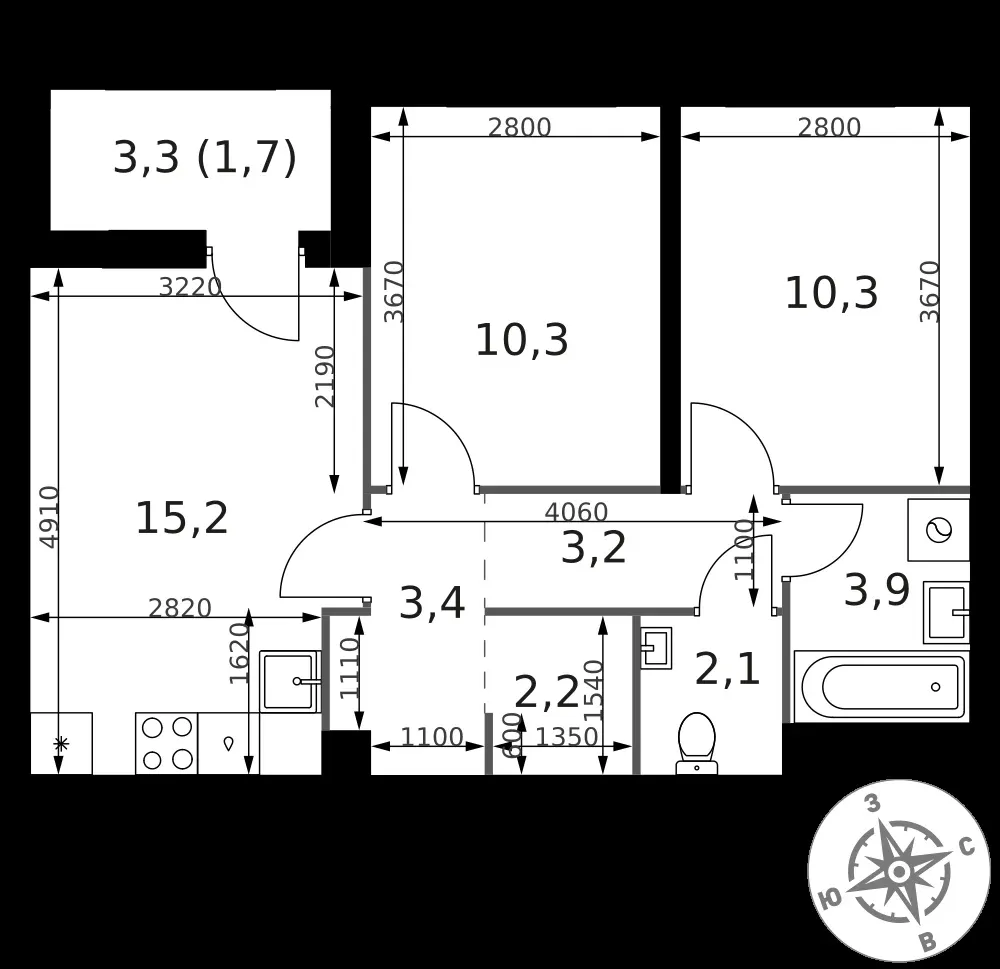 2-комнатная, 52,3 м² — 11 950 550 ₽
