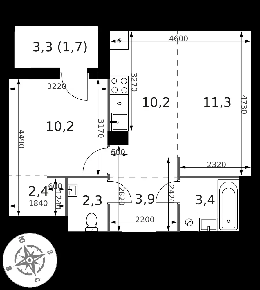 2-комнатная, 45,4 м² — 11 091 220 ₽