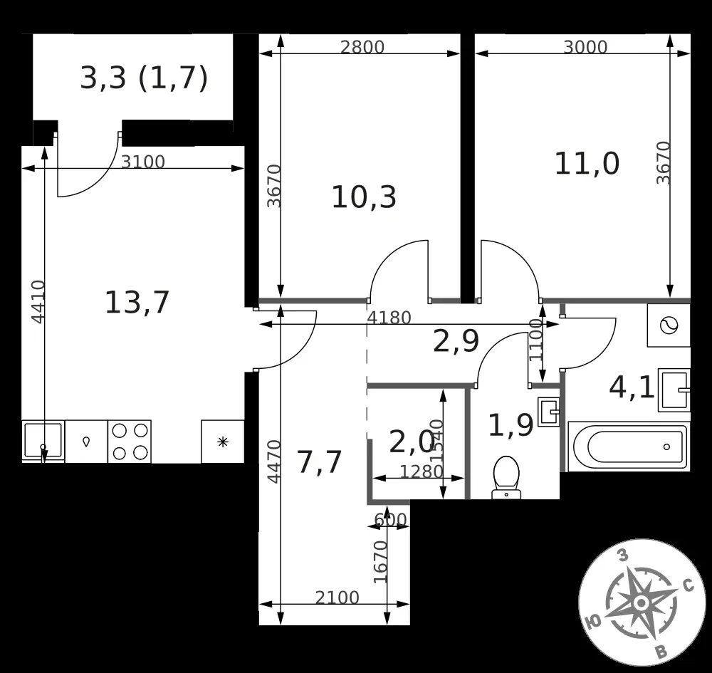 2-комнатная, 55,3 м² — 11 994 570 ₽